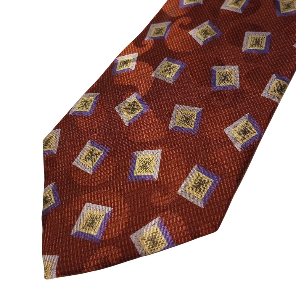 Perry Ellis Portfolio Mens Rust Red Geometric Diamond 100% Italian Silk Tie USA